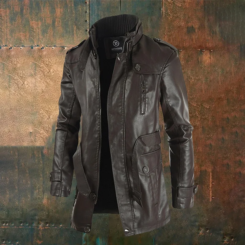 Men's Stand Collar Belted Leather Jacket