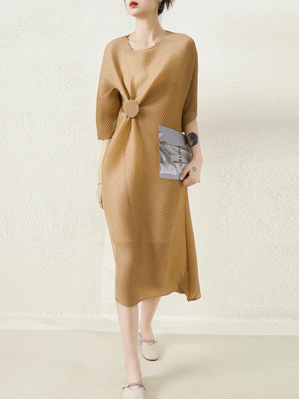 Stylish Irregularity Loose Pleated Solid Color Round-Neck Midi Dresses