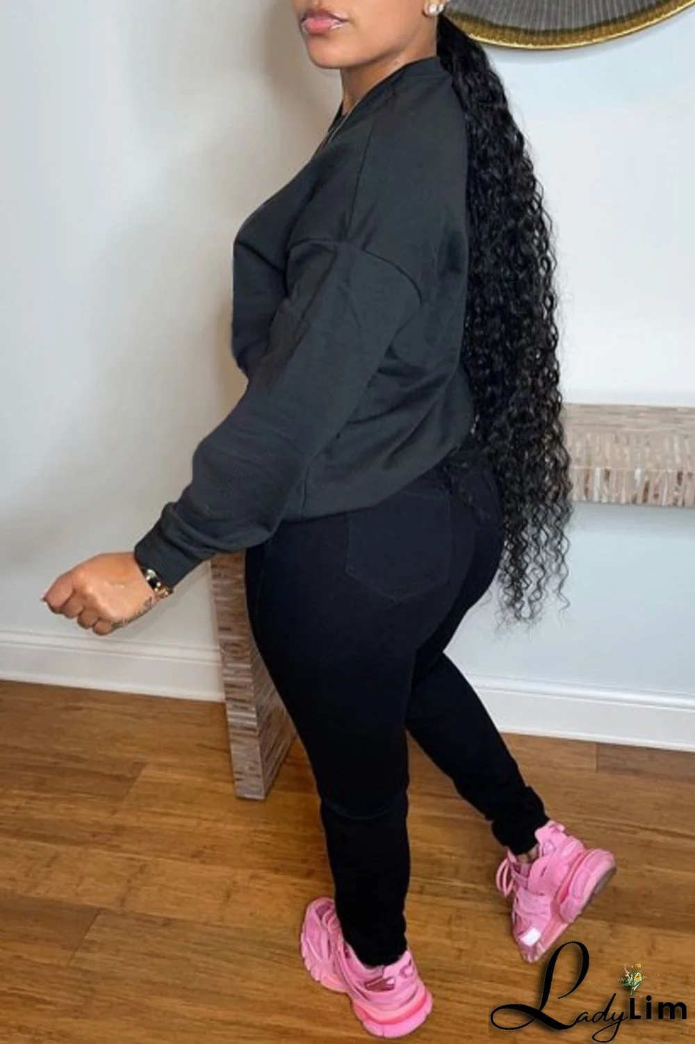 Black Casual Sportswear Split Joint Letter O Neck Tops