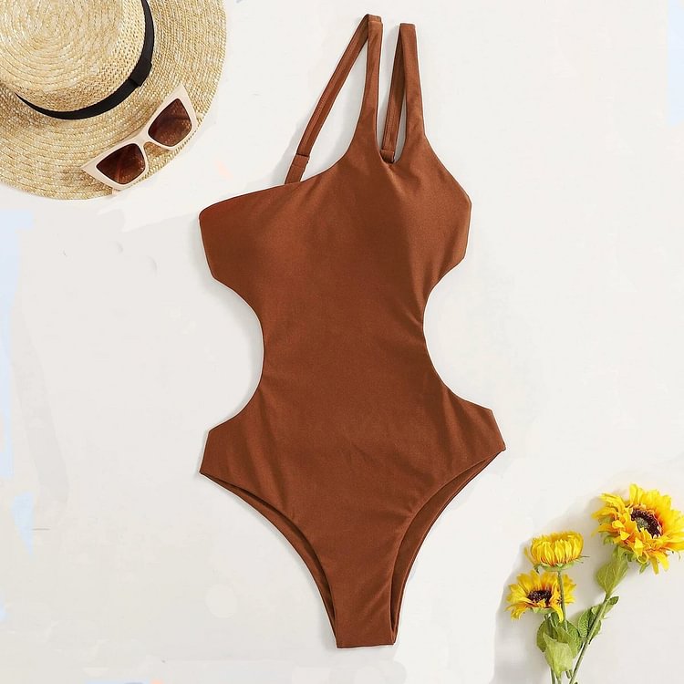 Flaxmaker One Shoulder Cut Out Solid Color One Piece Swimsuit