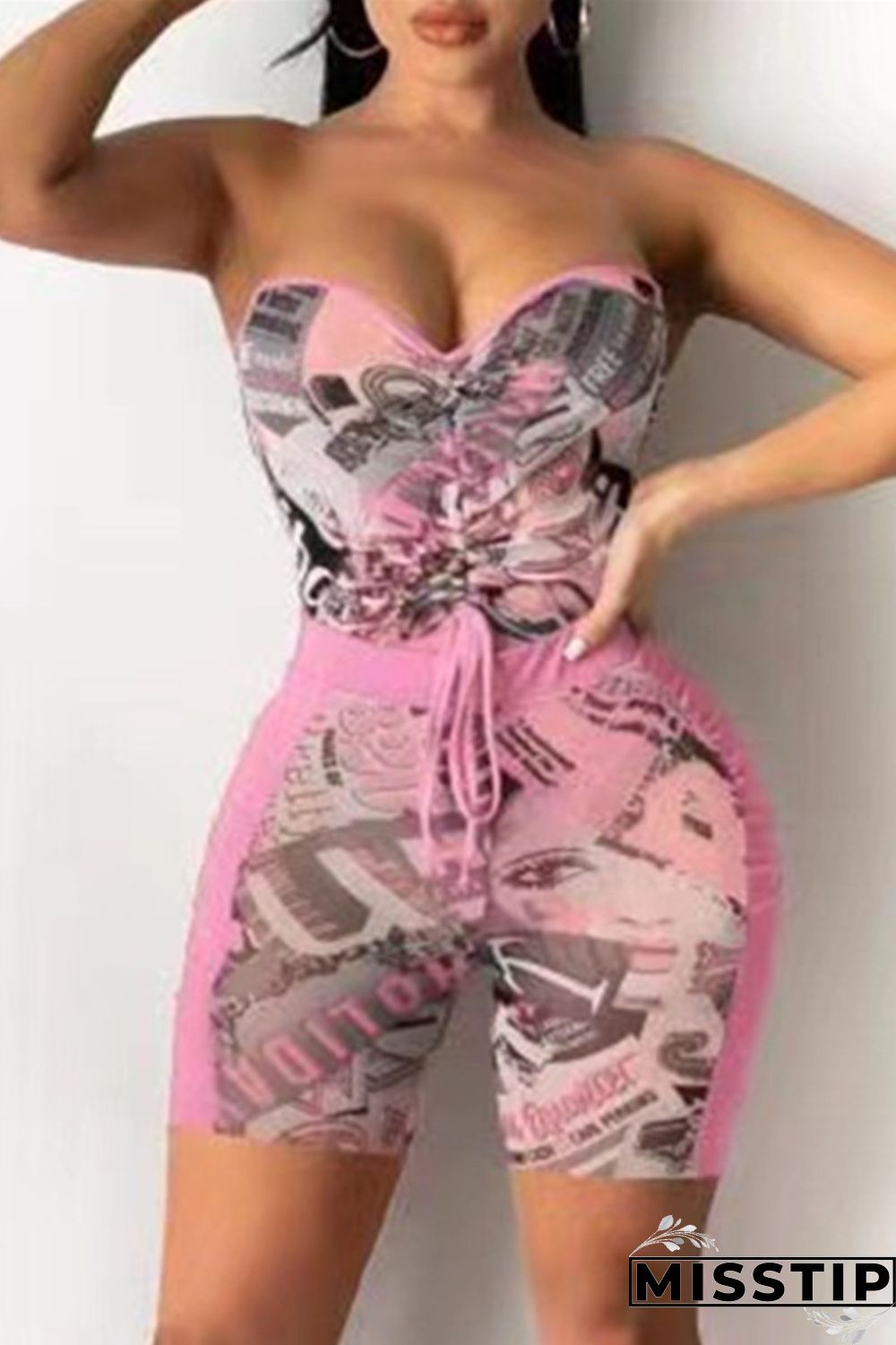 Pink Fashion Sexy Print Backless Strapless Sleeveless Two Pieces