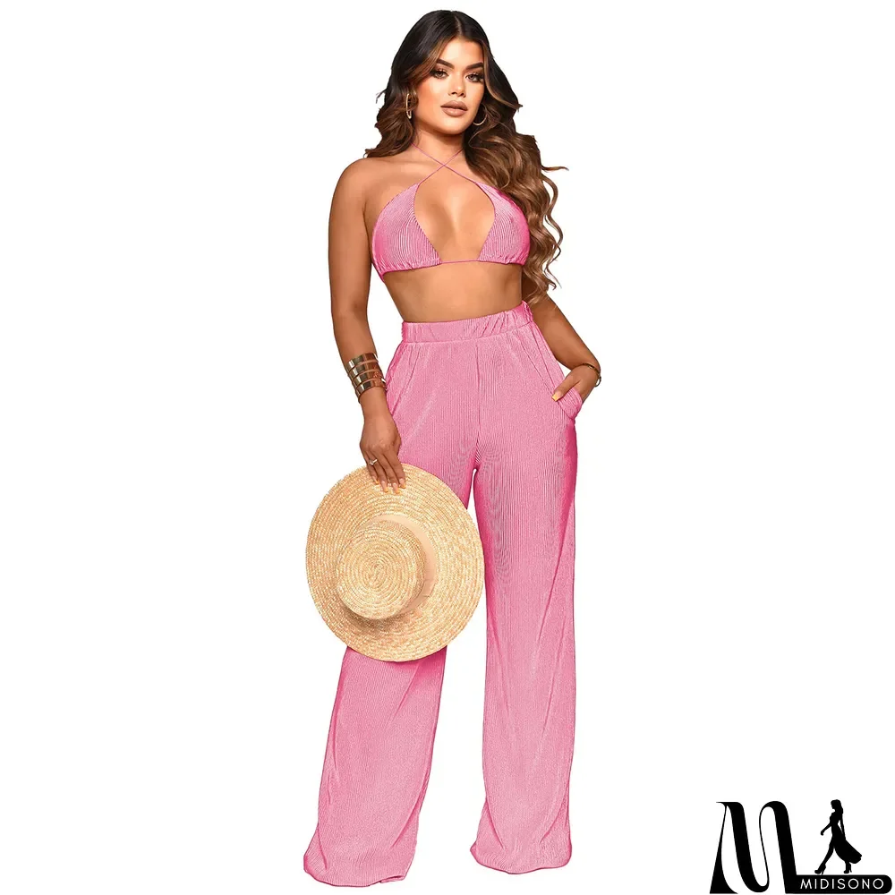 MidiSono - Fall Solid Color Wide Leg Pants Three-Piece Set