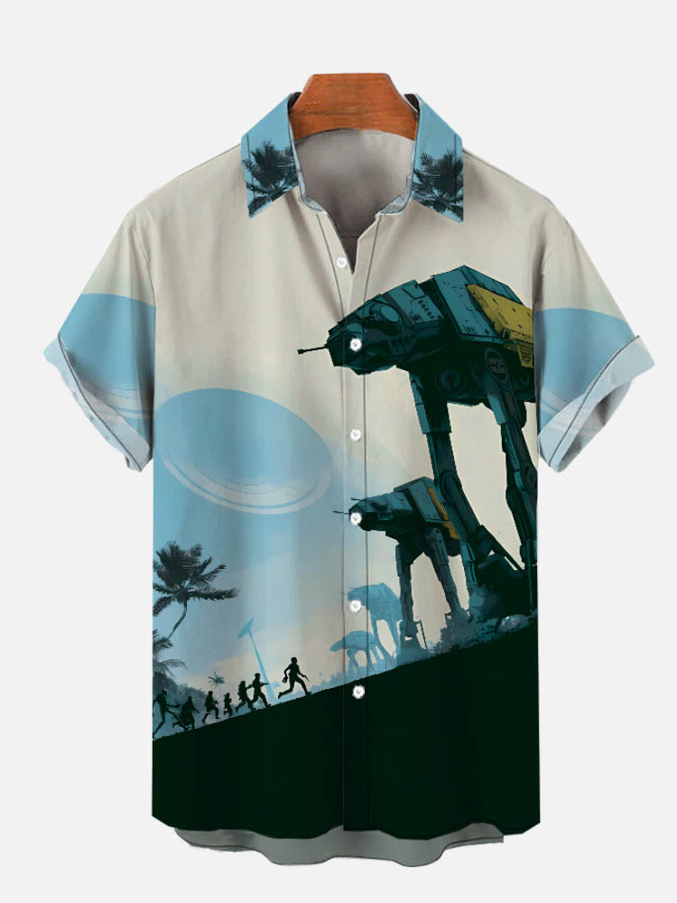 Tech Psychedelic Full Action Armored Walker Print Short Sleeve Shirt PLUSCLOTHESMAN