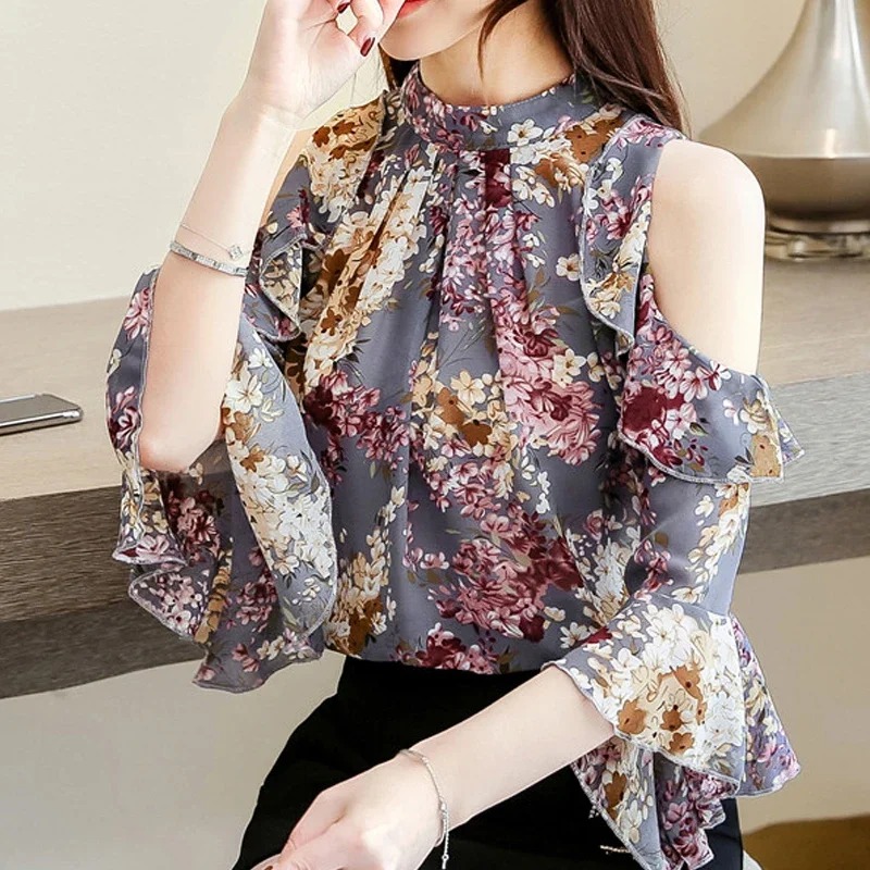 Spring O-neck Blouses and Tops Butterfly Half Sleeve Chiffon Women Clothing Elegant Off-shoulder Floral Shirt 5388 50