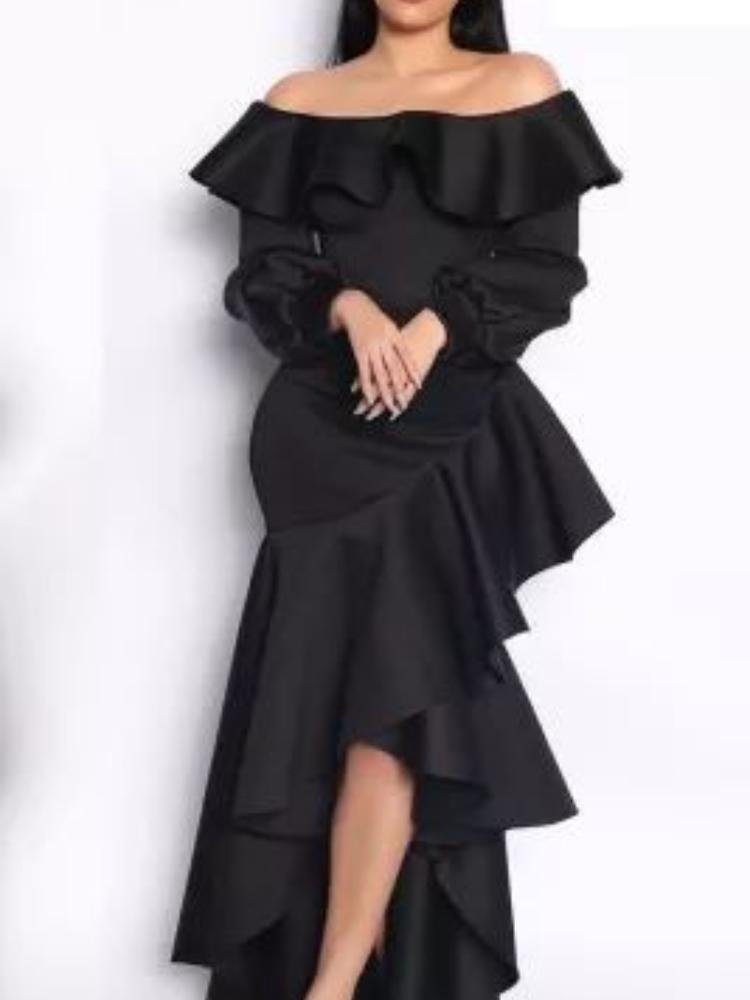 Neosepa-Black Off Shoulder Long Sleeve Lush Flounce Trimmed High-low Designer Dress