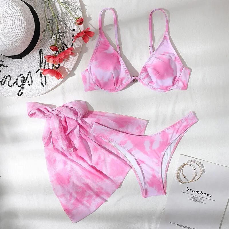 Peachtan Tie dye bikini 2021 Skirts 3 pieces set Push up swimsuit women Underwired swimwear female Sexy bathing suit beach wear