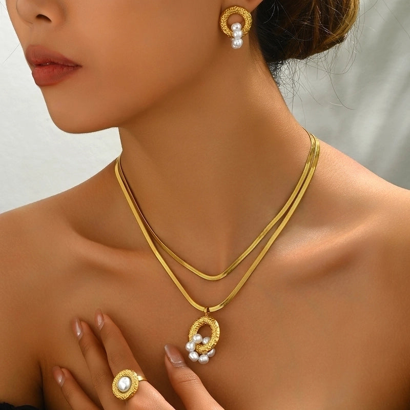 Elegant French Style Geometric 201 Stainless Steel Pearl 18K Gold Plated Inlay Stainless Steel Jewelry Sets