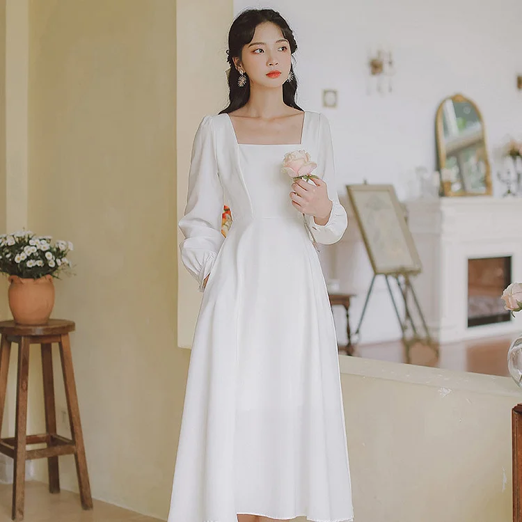 Square Collar Pure Color Dress - Modakawa Modakawa