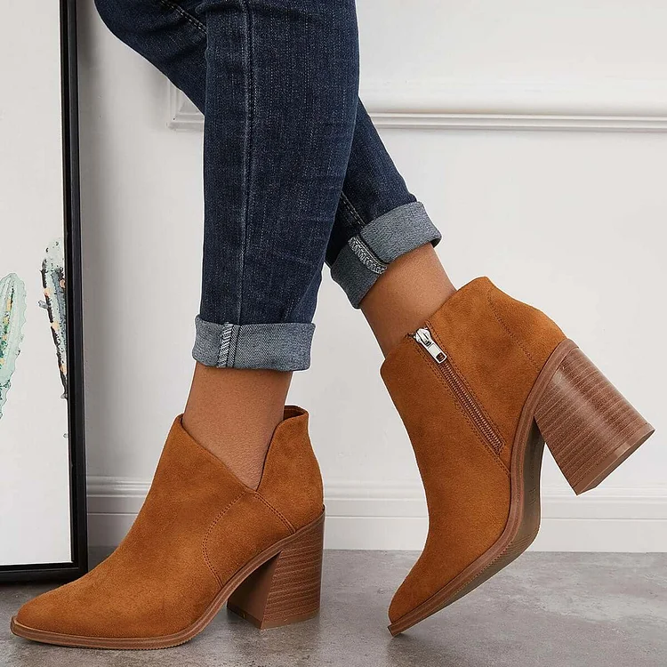 Suede Cutout Western Ankle Boots Chunky Stacked Heel Booties