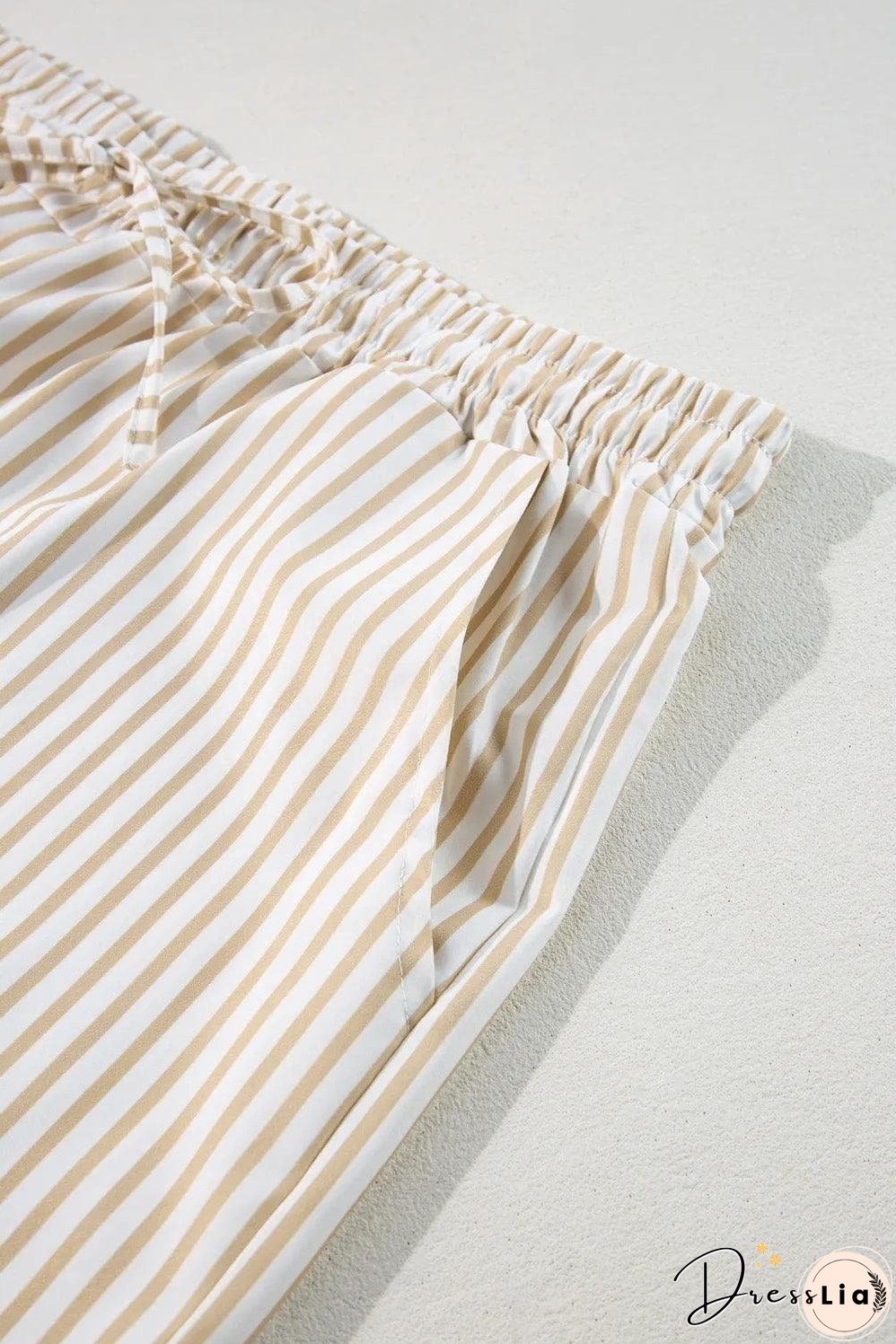 Khaki Stripe Plus Size Drawstring High Waist Wide Leg Pants