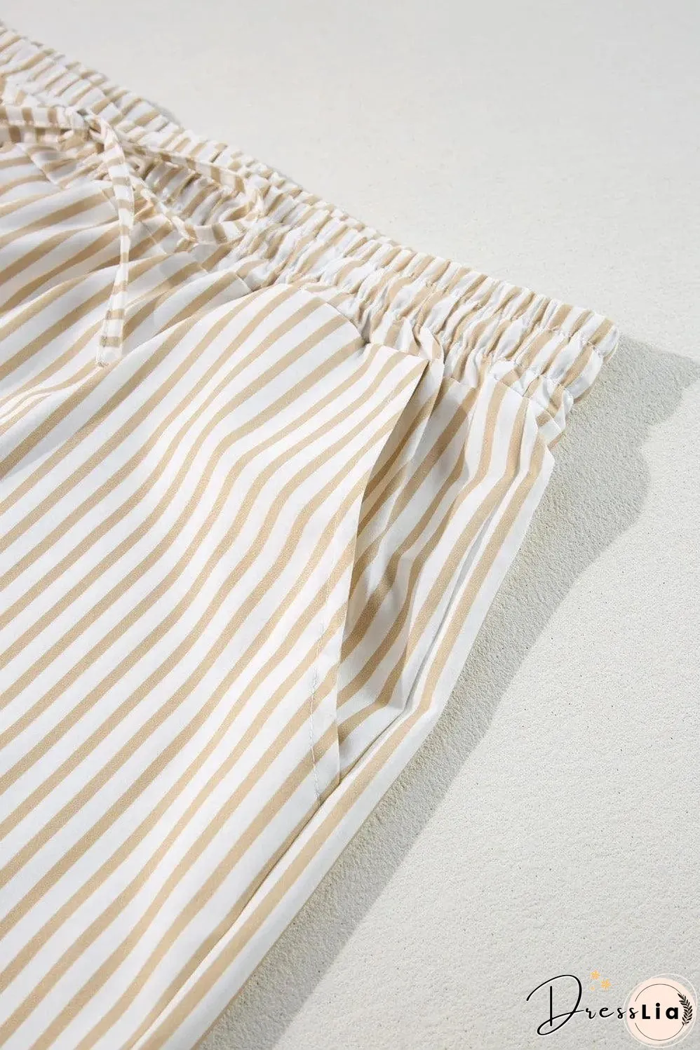 Khaki Stripe Plus Size Drawstring High Waist Wide Leg Pants