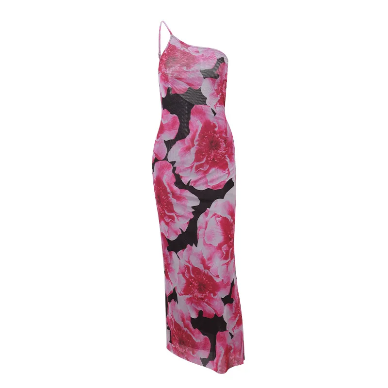 Brownm Brownm Girls 2024 Summer New Fashion Vintage Print Sexy Holiday Style Slim One-Shoulder Halter Dress