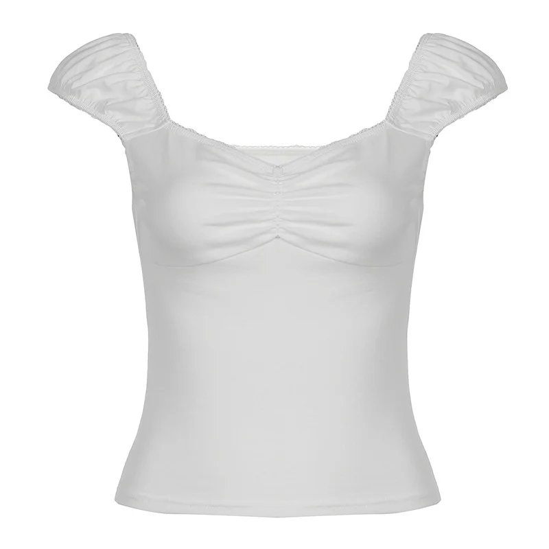 Ueong Girl Wrinkled Waist Show Thin Lace Collar T-Shirt Summer All-Color Simple Knitted Short-Sleeved Blouse
