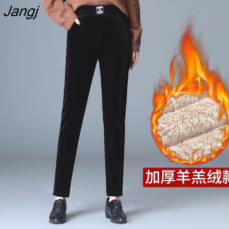 Jangj Winter Lamb Wool Thicken Thermal Slim High Waist Harem Pants Women's Vintage Corduroy Fashion Casual Streetwear Trousers