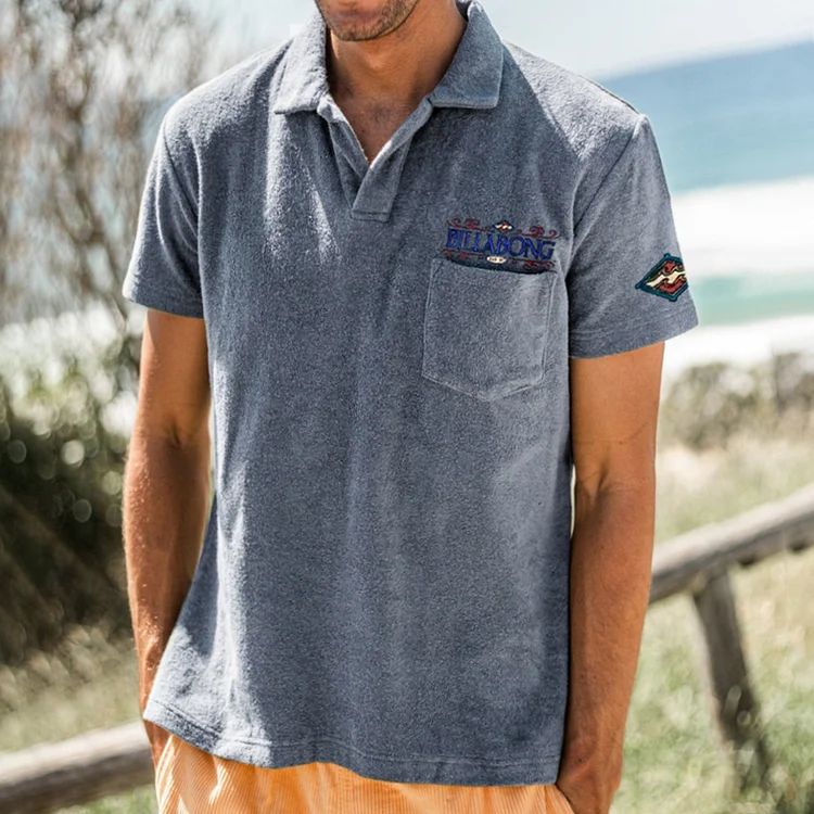 Retro Loose Men Billabang Printed Surf Polo Shirt Vacation Casual Comfortable Beach Polo Collar T-Shirt Top abd0