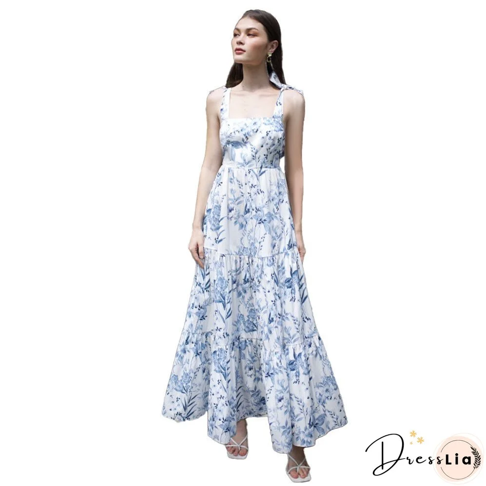 Women's New Southeast Asian Skirt Summer Women's Mosaic Print Lace up Butterfly Knot Back Dress
