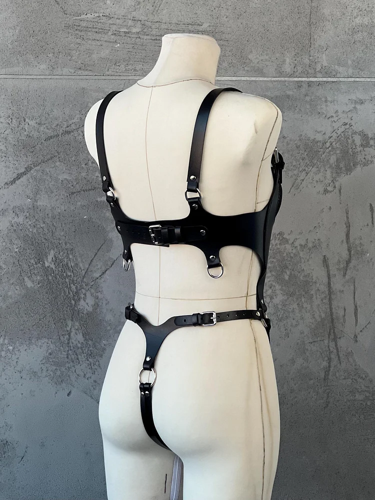 pornhint Pornhint Body Harness, BDSM Harness Set with Cuffs and Chains, Full Bondage Kit, Pride Women Chest Harness, Genuine Leather, 3rd Anniversary Gift leather harness women