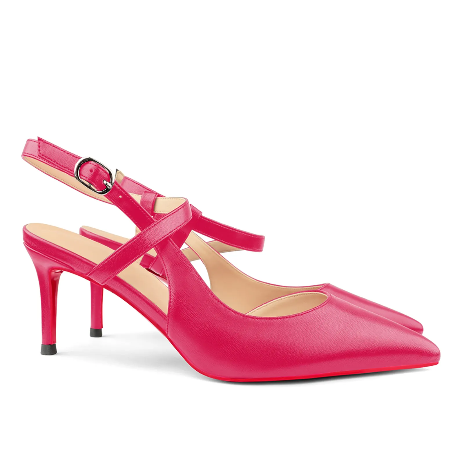 65mm Women Slingback Pumps Ankle Strap Jenlove Stiletto Pointed Toe Dress Red Bottoms Matte Heels Shoes-vocosishoes