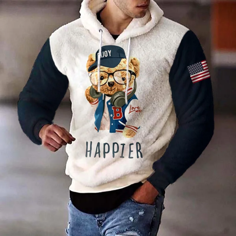 Aonga Autumn Outfits    Fleece Hoodie Men Spring Long Sleeve Fashion Bear Print Loose Drawstring Hooded Sweatshirt Mens Clothes Casual Wool Hoodies