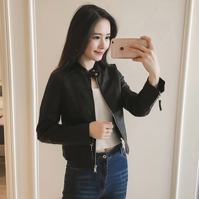 FTLZZ New Spring Faux Leather Jacket Women Slim Vintage Black Soft Motorcycle Short Jackets Lady Bomber Coat Outwear