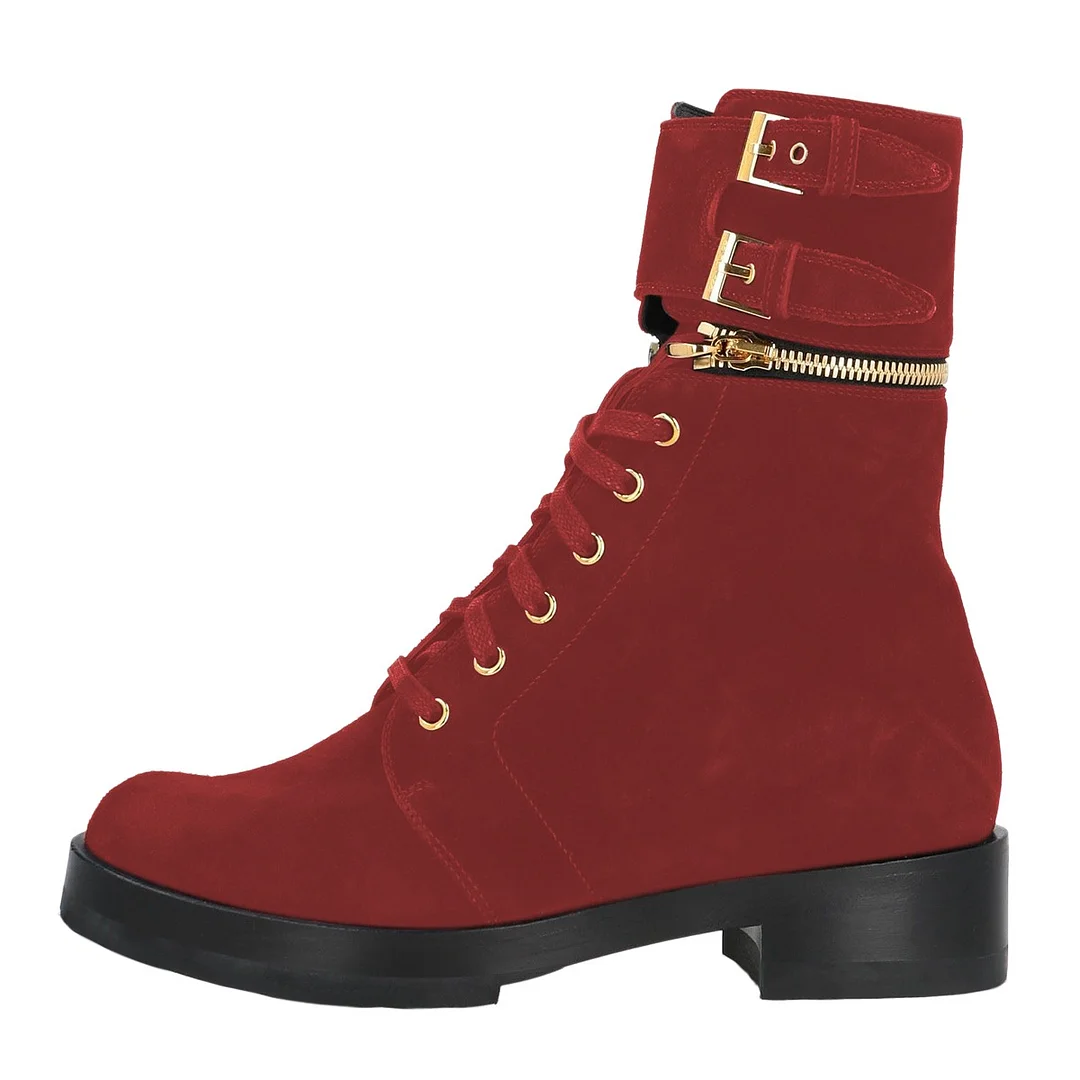 Red Vegan Suede Round Toe Buckled Zipper Lace Up Boots for Women
