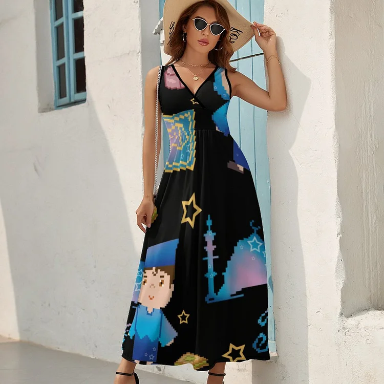Summer Ramadan Mubarak Women Sleeveless Deep V Neck Bohemian Maxi Dress Loose Patchwork Long Dresses S-2XL - Heather Prints Shirts