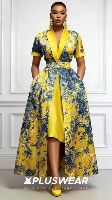 Xpluswear Design Plus Size Formal Yellow All Over Print Turndown Collar Short Sleeve Pocket With&nbsp;Skirt&nbsp;Overlay Satin Midi Dresses 2024 - Xpluswear