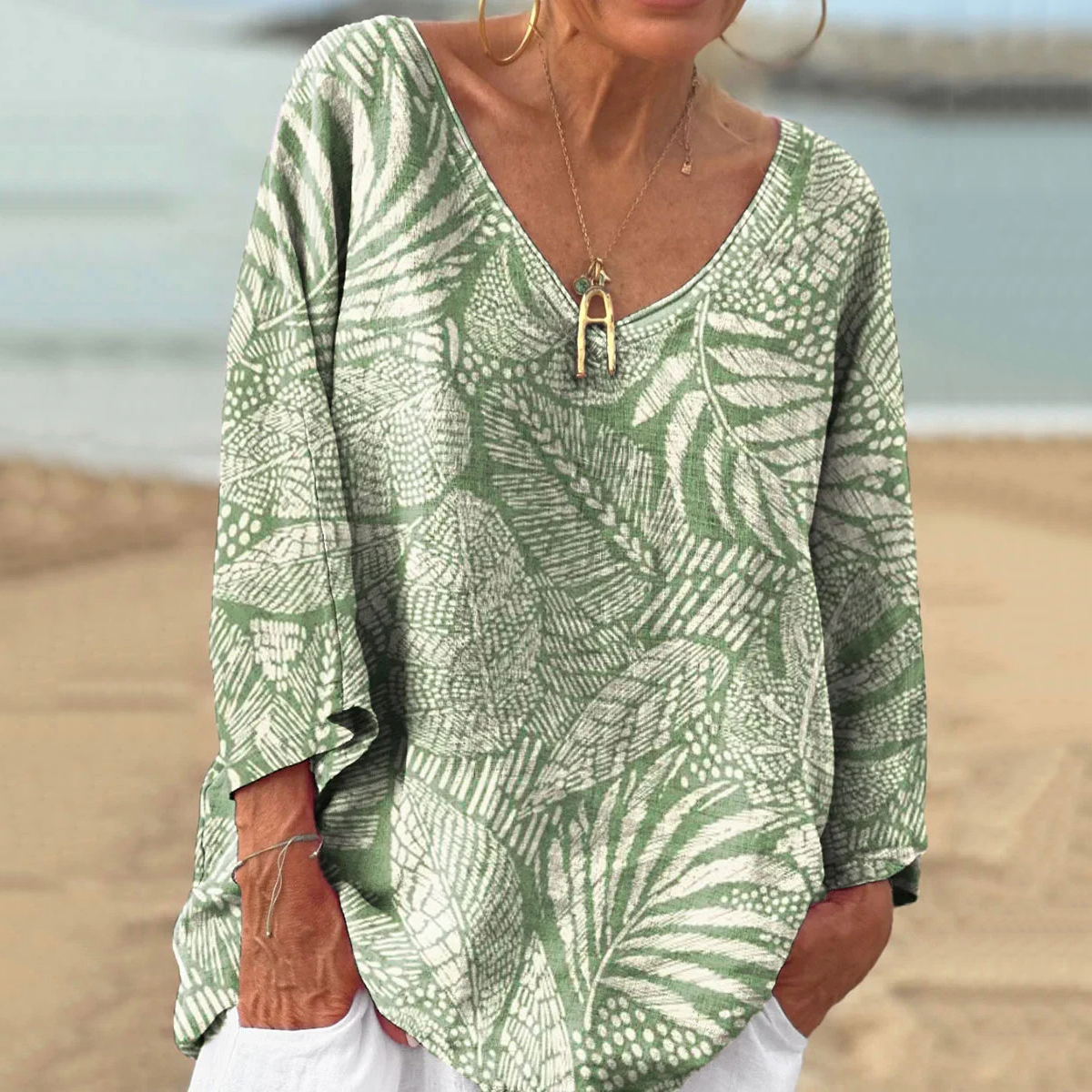 Comstylish Leaf Print V-neck Loose Linen Blend T-shirt