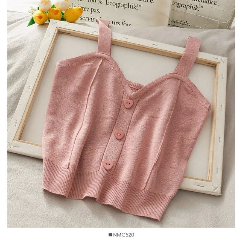 Women Crop Top Sweater Tank Top Button Up V Neck Sleeveless Knit Top Casual Beach Vest Female Camisole Cotton Tank