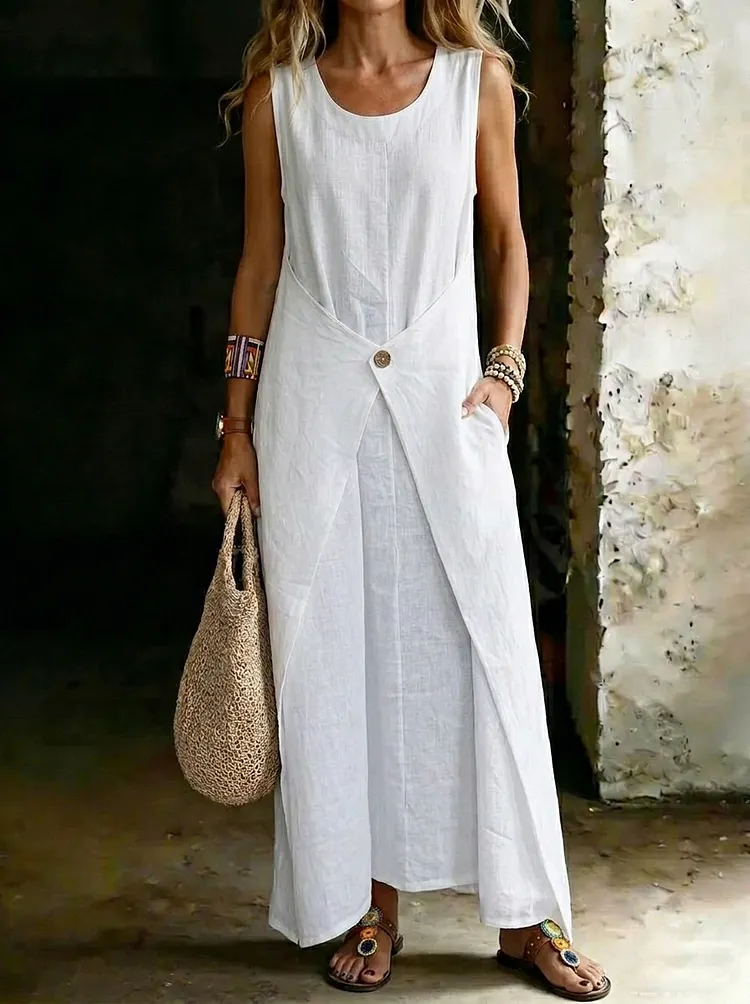 Women&rsquo;s Casual Minimalist Round-neck Sleeveless Cotton Dress