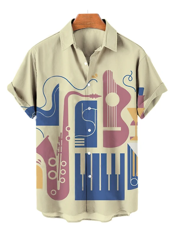 BrosWear Printed Musical Instrument Notes Short Sleeve Shirt
