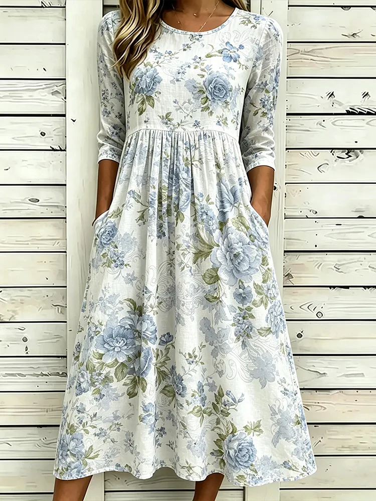 Comstylish Bohemian Pastoral Vintage Style Light Blue Rose Floral Linen Midi Dress