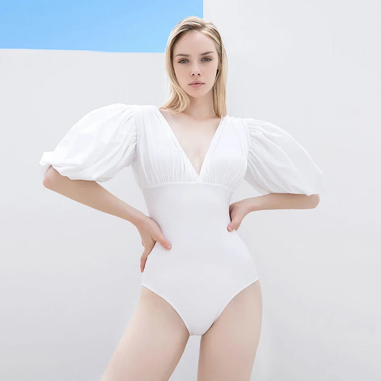 Puff Sleeves V-neck Sexy One Piece Swimsuit