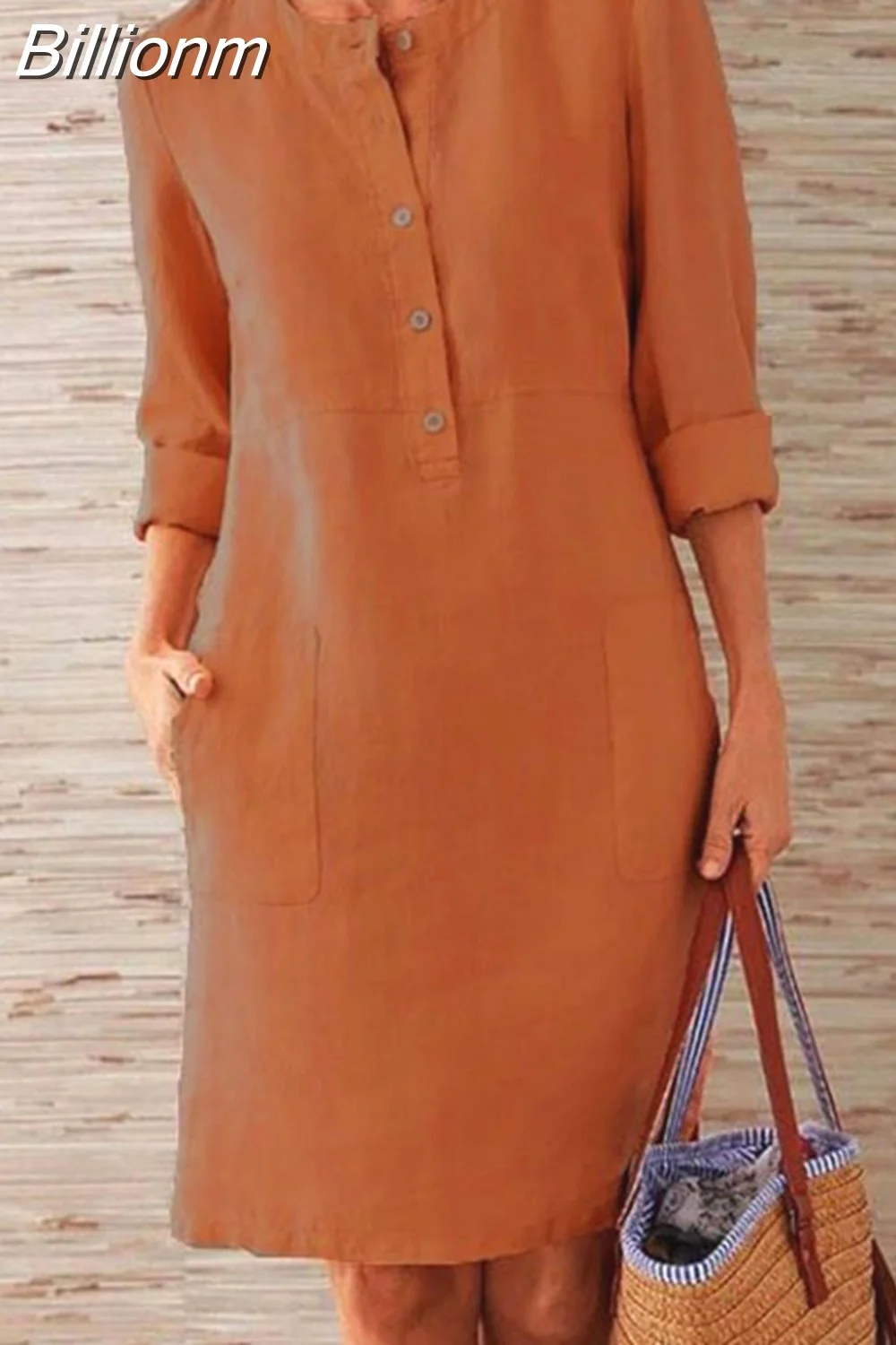 Billionm Color Button O Neck Cotton Linen Summer Dress Women Vintage Short Sleeve Pocket Knee Dress Casual Loose Plus Size Dresses