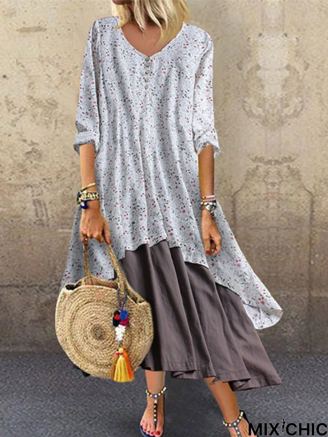 zolucky V Neck Women Weaving Dress A-Line Going Out Boho Cotton Weaving Dress