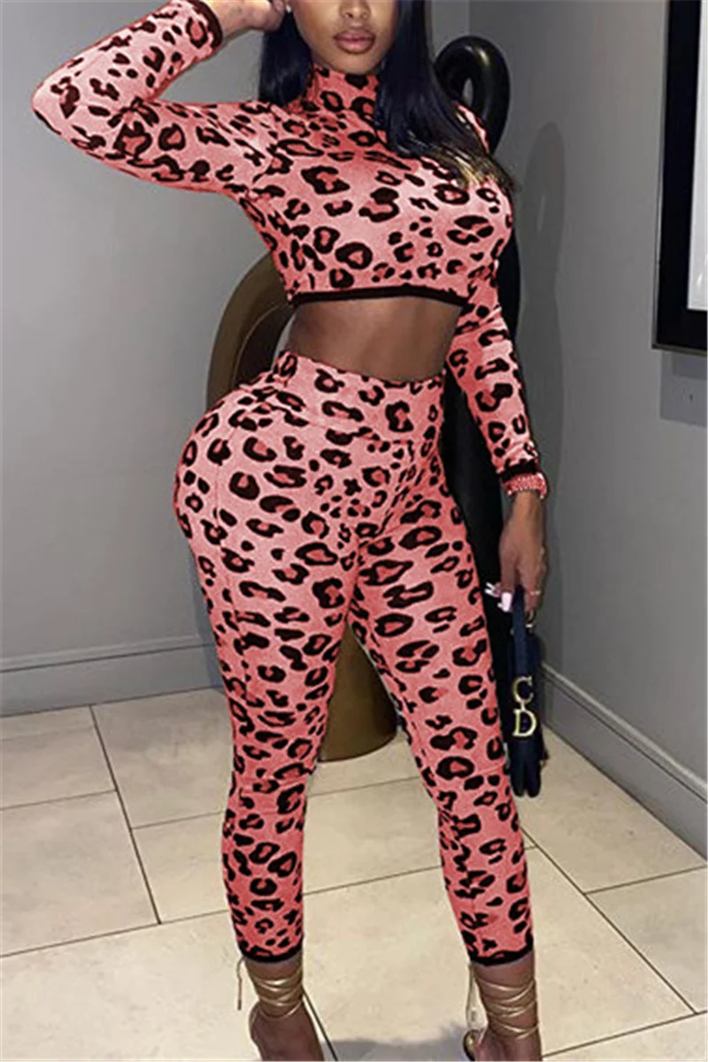 Pink Fashion Sexy Adult Leopard Patchwork O Neck Long Sleeve Regular Sleeve Short Two Pieces | EGEMISS