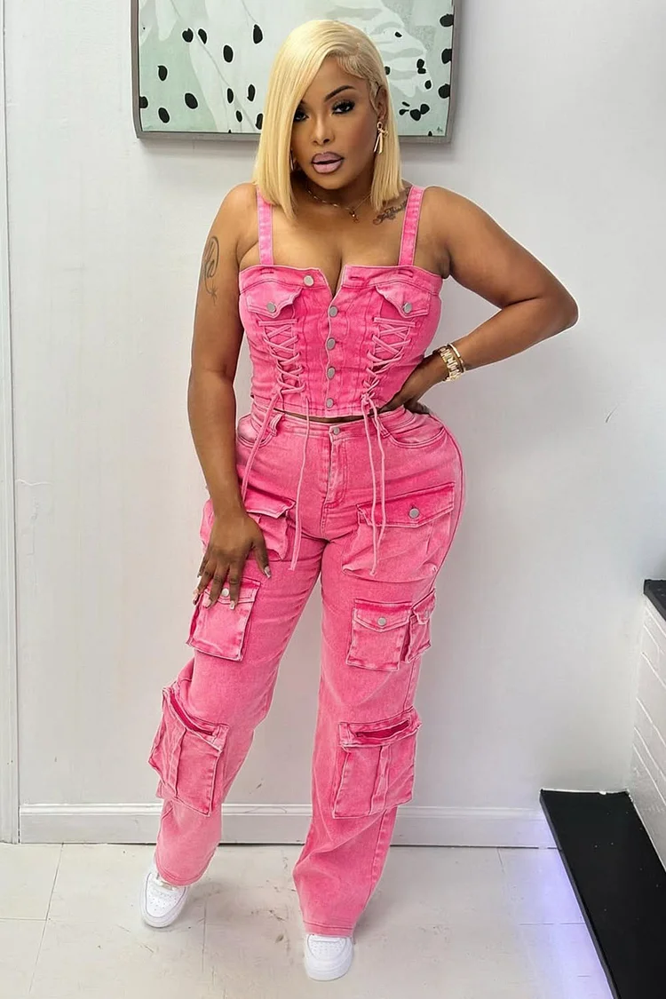 Lace-Up Cami Top Cargo Pocket Wide Leg Pants Denim 2pcs Set-Pink [Pre Order]