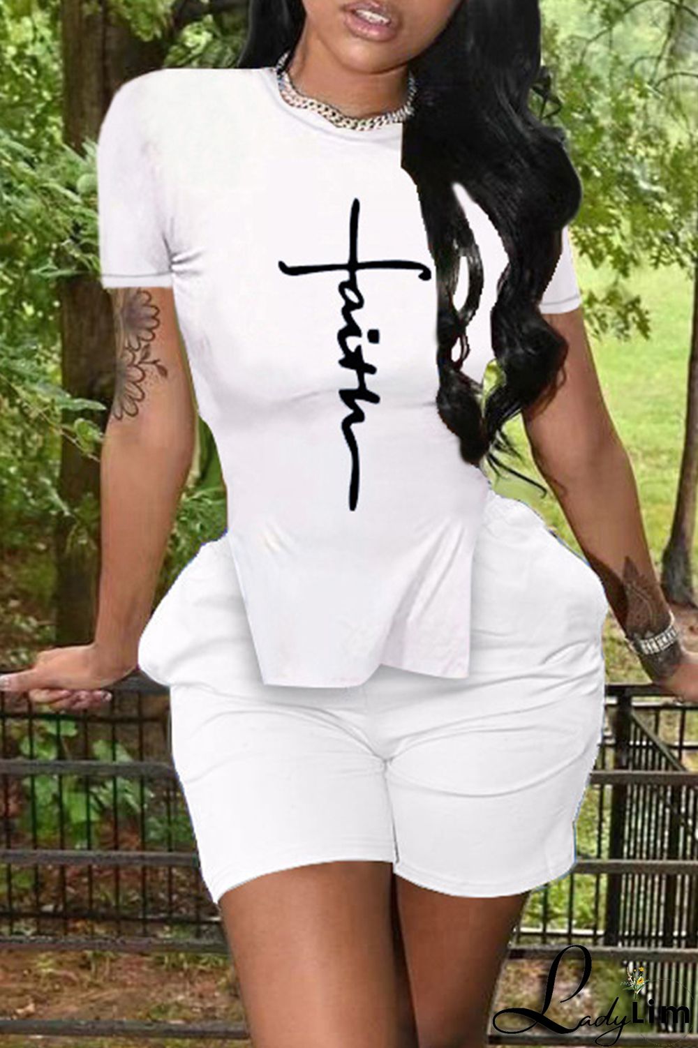 Black Fashion Casual Print Slit O Neck Short Sleeve Two Pieces