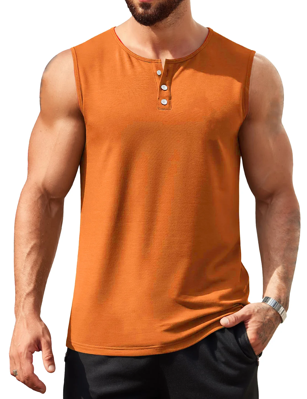 Men's Hawaiian Casual Comfort Button-Down Crew Neck Sleeveless Henley Shirt