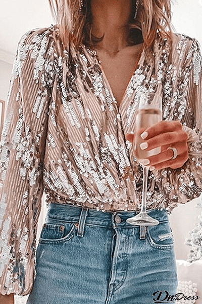 Elegant Patchwork Fold Sequins V Neck Blouses