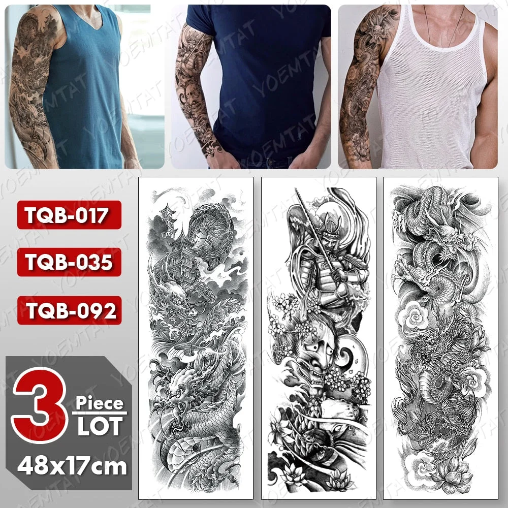 3 pcs/lot Large Arm Sleeve Tattoo Dragon Waterproof Temporary Tatto Sticker Samurai Prajna Body Art Full Fake Tatoo Women Men