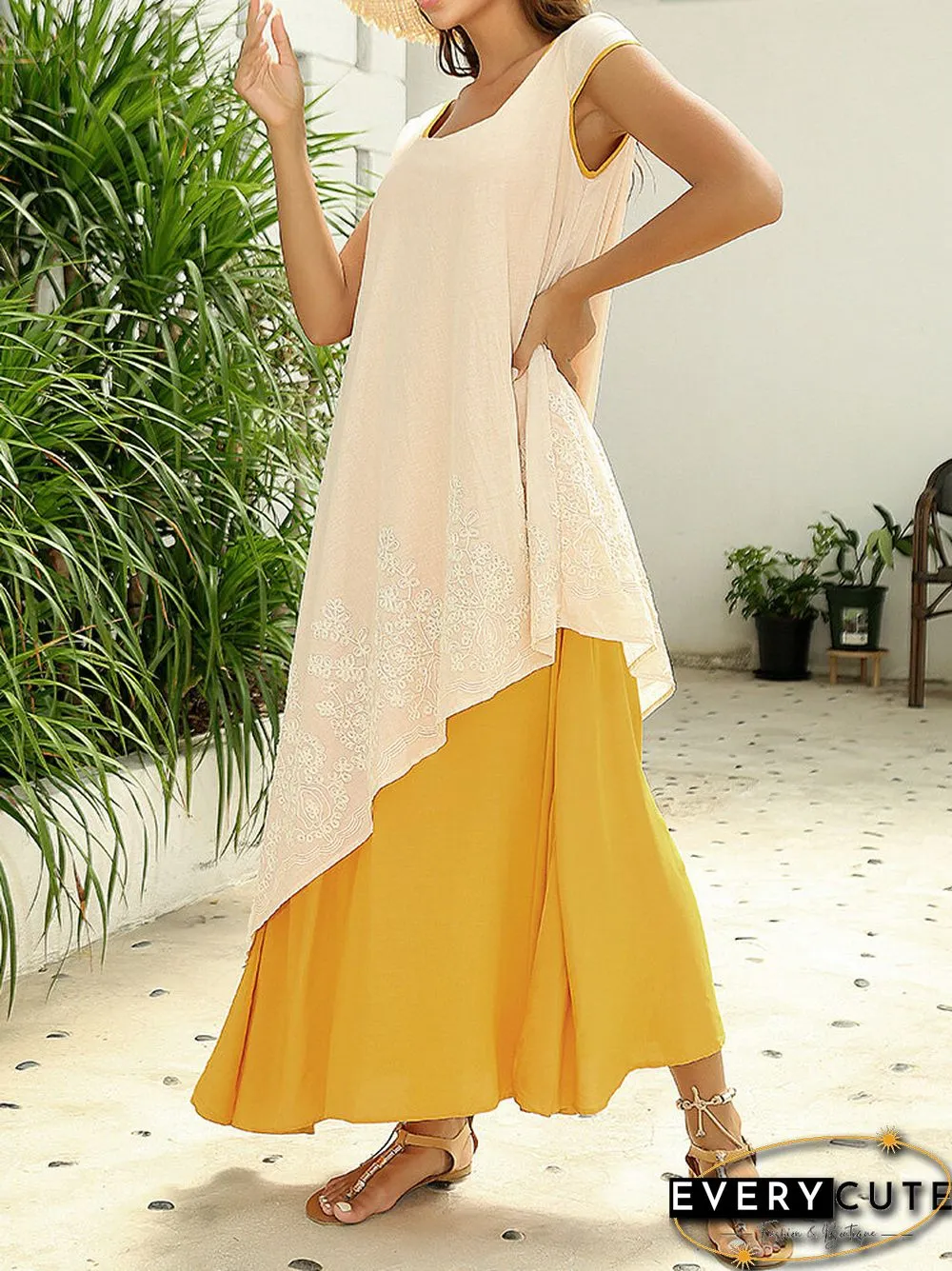 Vintage Floral Embroidered Sleeveless Two Layers Long Maxi Dresses