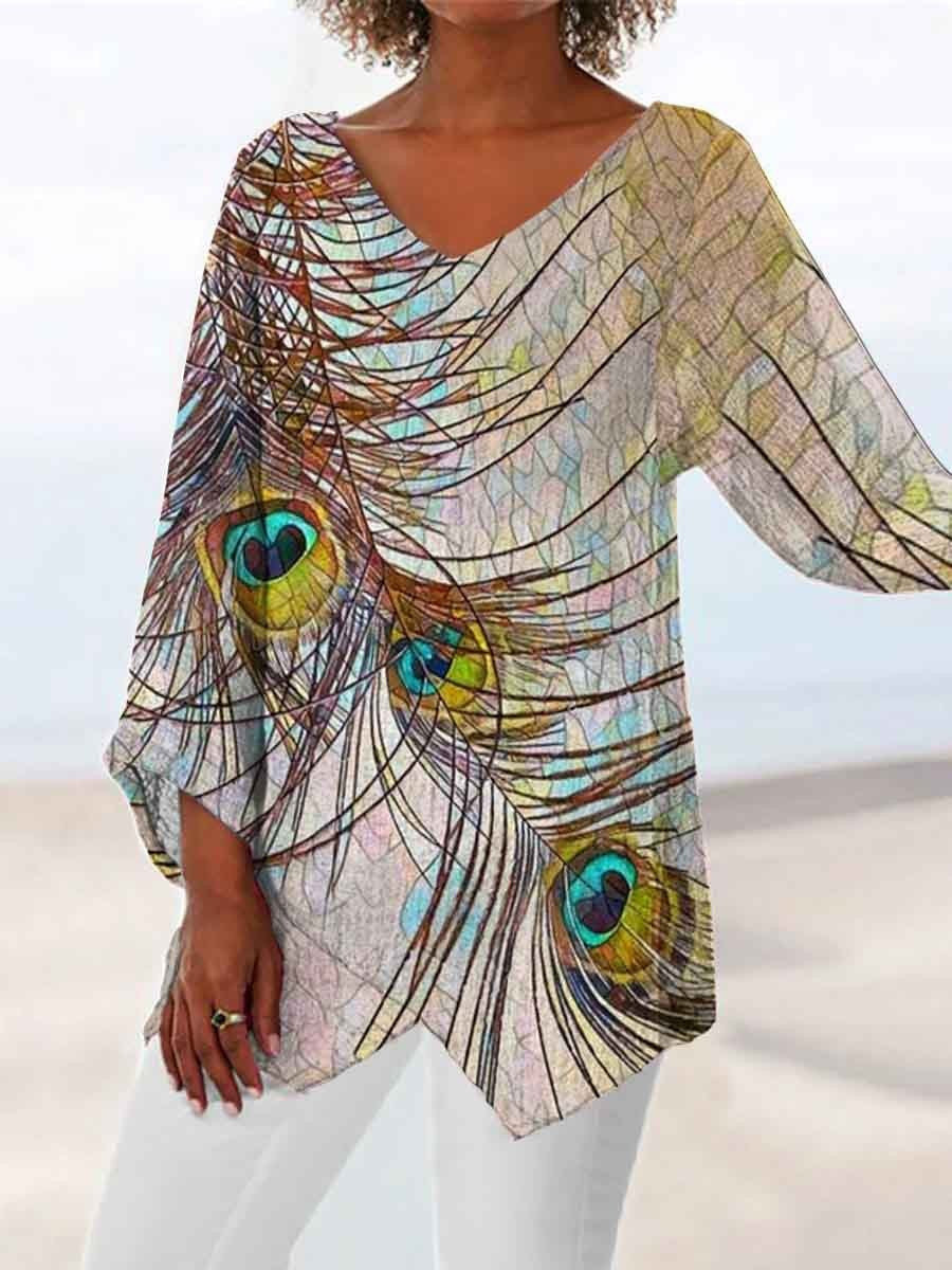 Women Long Sleeve V-neck Graphic Floral Printed Top