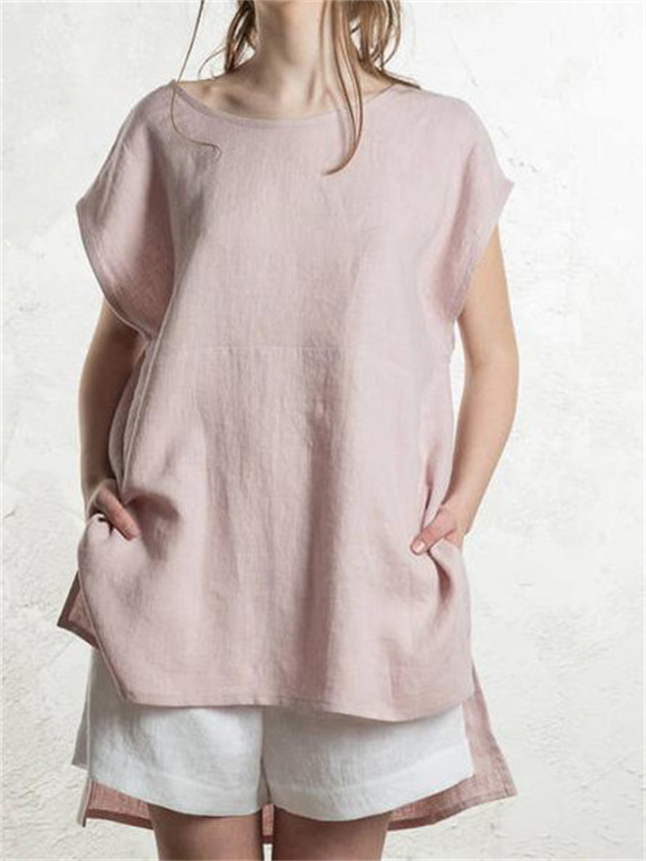 Women's Cotton Linen Tops Front Short Back Long Bat Short-sleeved Literary Retro Solid Colour T-shirt