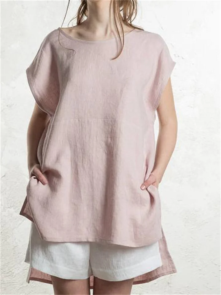 Women's Cotton Linen Tops Front Short Back Long Bat Short-sleeved Literary Retro Solid Colour T-shirt-Cosfine