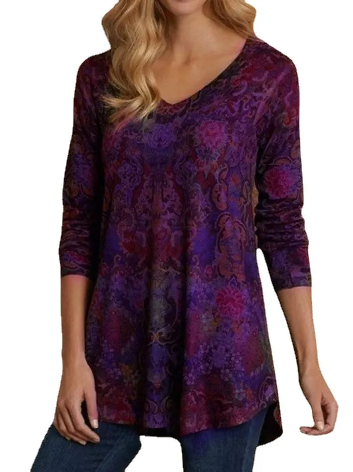 Brownm Stylish Women's Floral V-neck Loose T-shirt