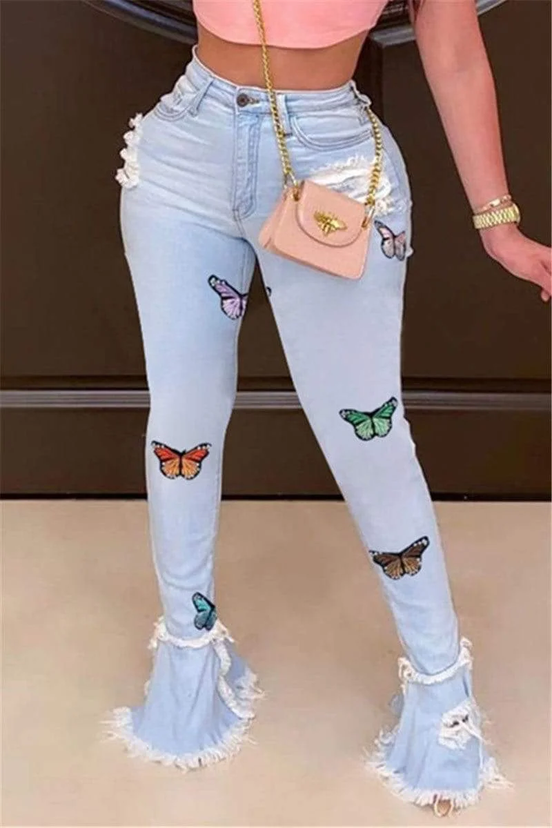 Fashion Skinny Butterfly Print Jeans