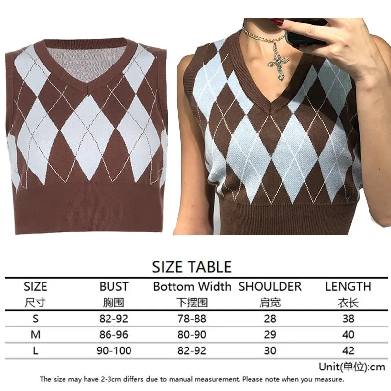Argyle Sweater Vest Women  Black Sleeveless Plaid Knitted Crop Sweaters Casual Autumn Preppy Style 2020 tops V Neck Vintage
