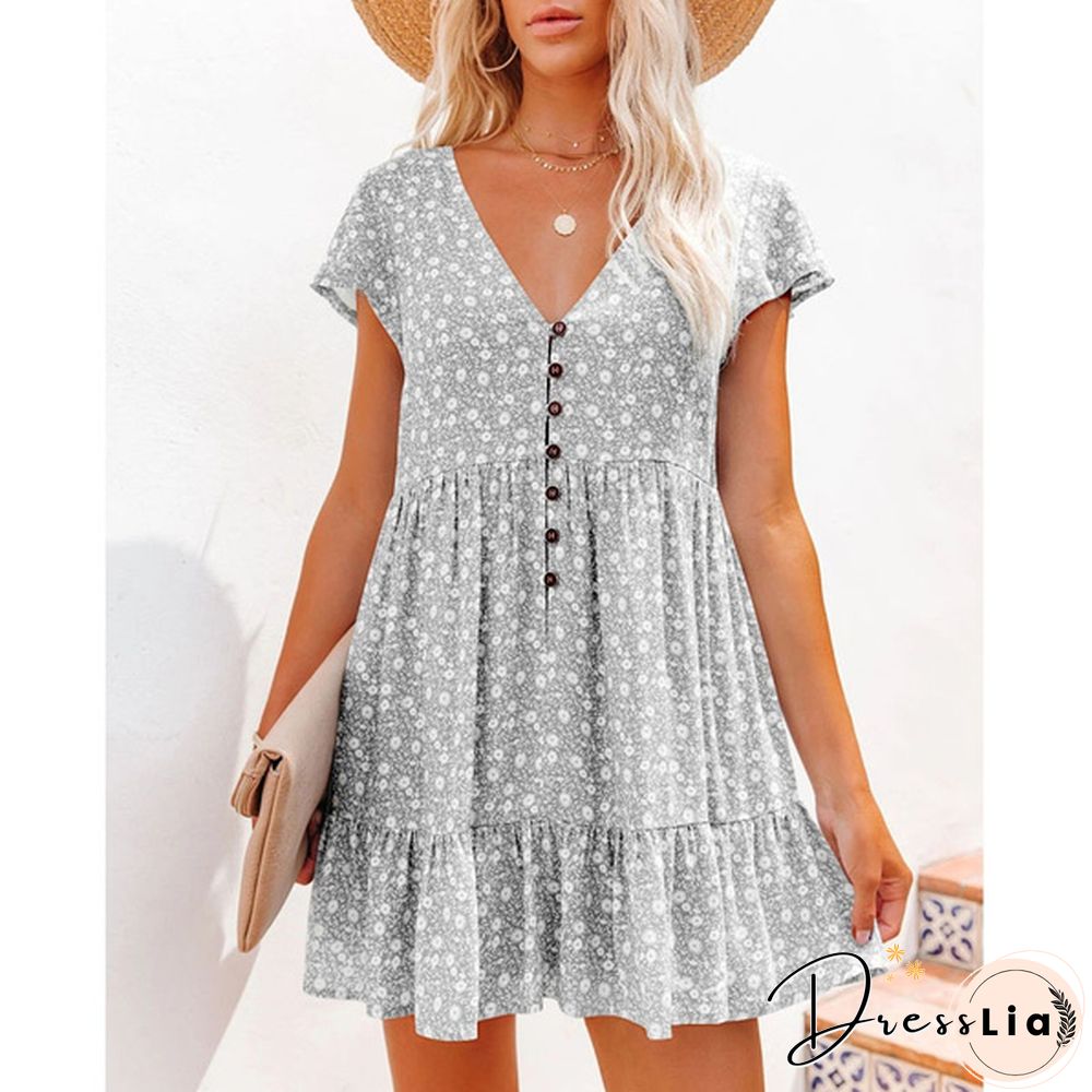 XS-8XL Spring Summer Dresses Plus Size Fashion Clothes Women's Casual Short Sleeve Dress Ladies Button Up Floral Flower Printed Dress Patchwork Loose Mini Pleated Dress Beach Wear Short Party Dress