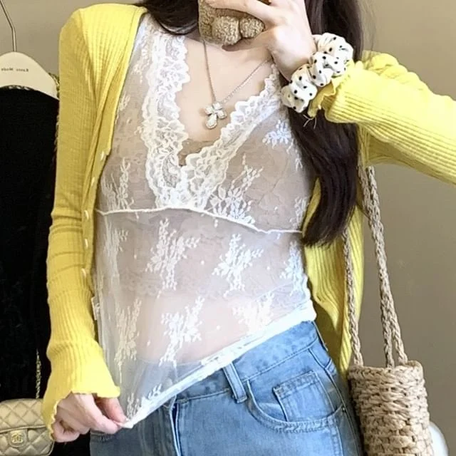 Neck V-Neck Cardigan Lace Ruffle / Trim Camisole Plain Top Scoop